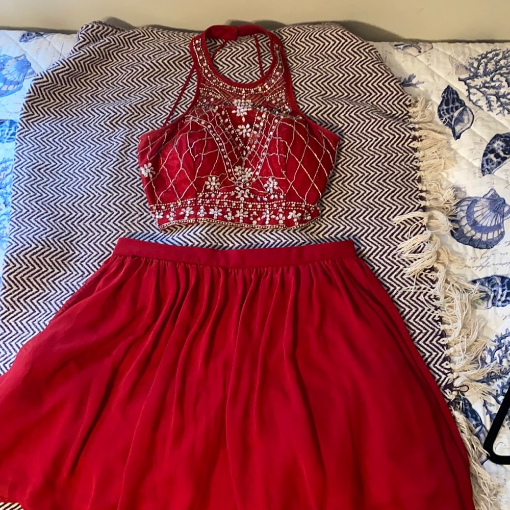 Red cropped top and skirt